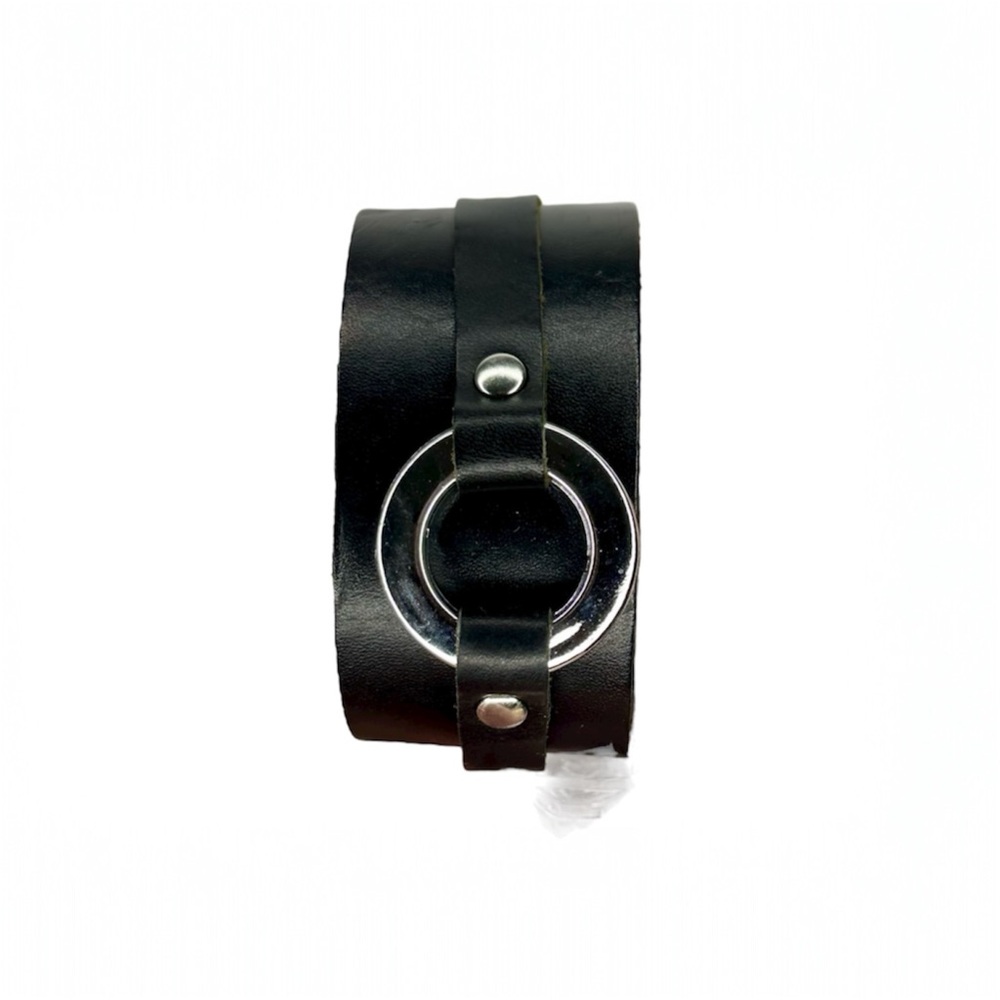 Black Leather Circle Pattern Cuff Bracelet with Silver Accents
